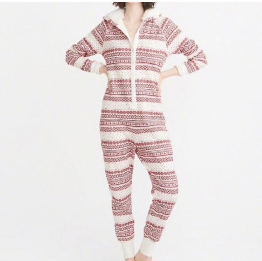 Abercrombie & Fitch Women One Piece Fair Isle Hooded Pajamas Red White XS/Small